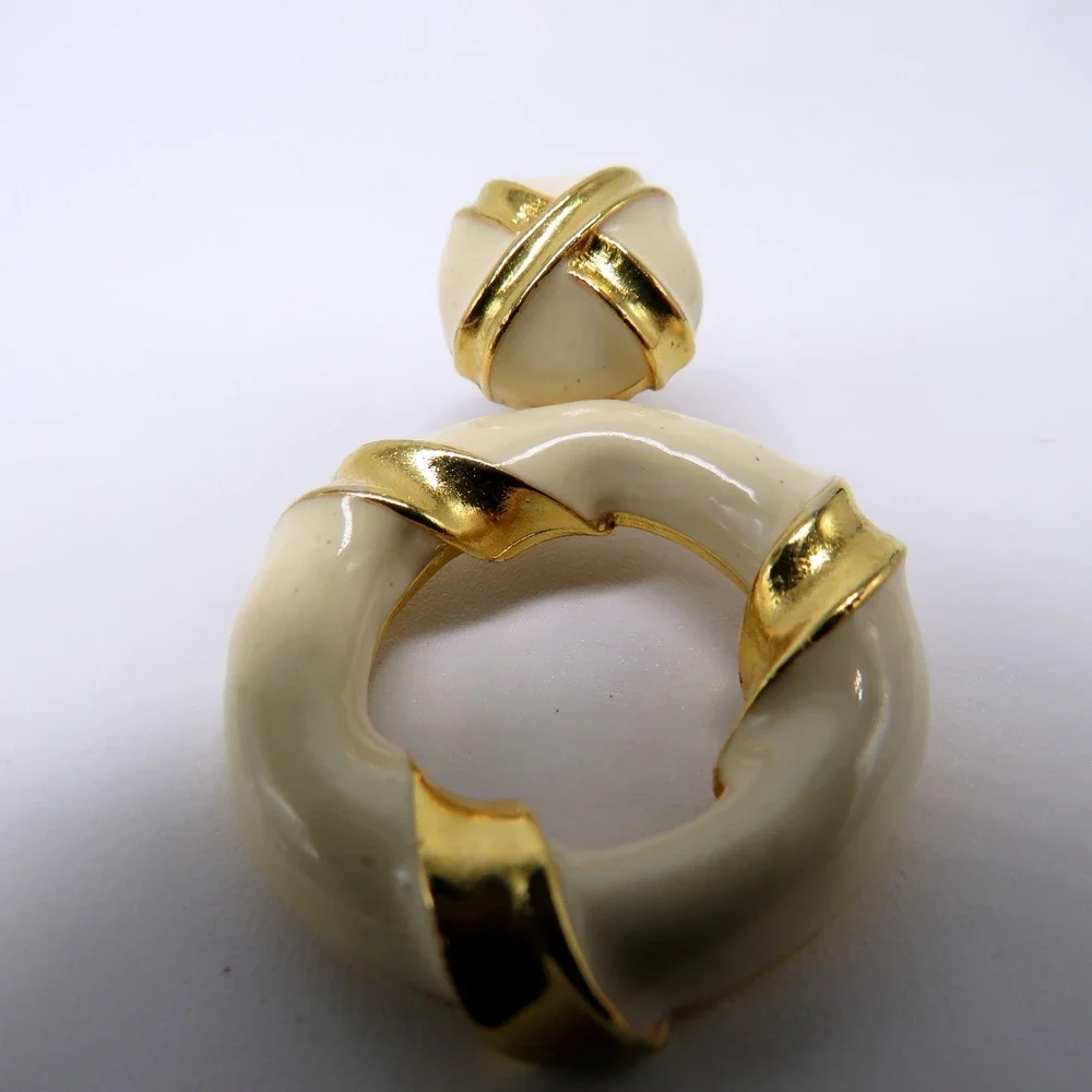 Vintage Cream Enamel Gold Tone Door Knocker Hoop Drop Earrings 1.5 Inch